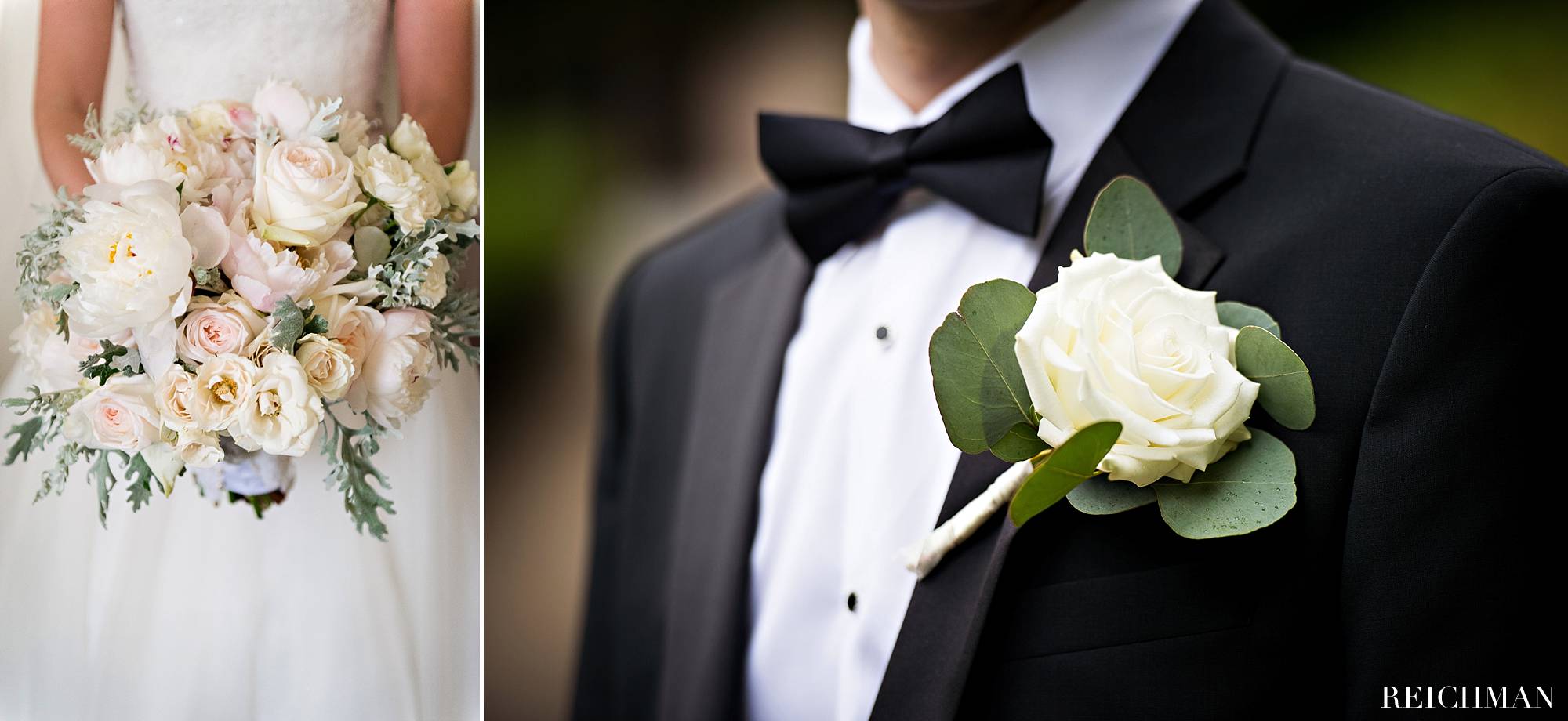 Bride's bouquet and groom's boutonnière details