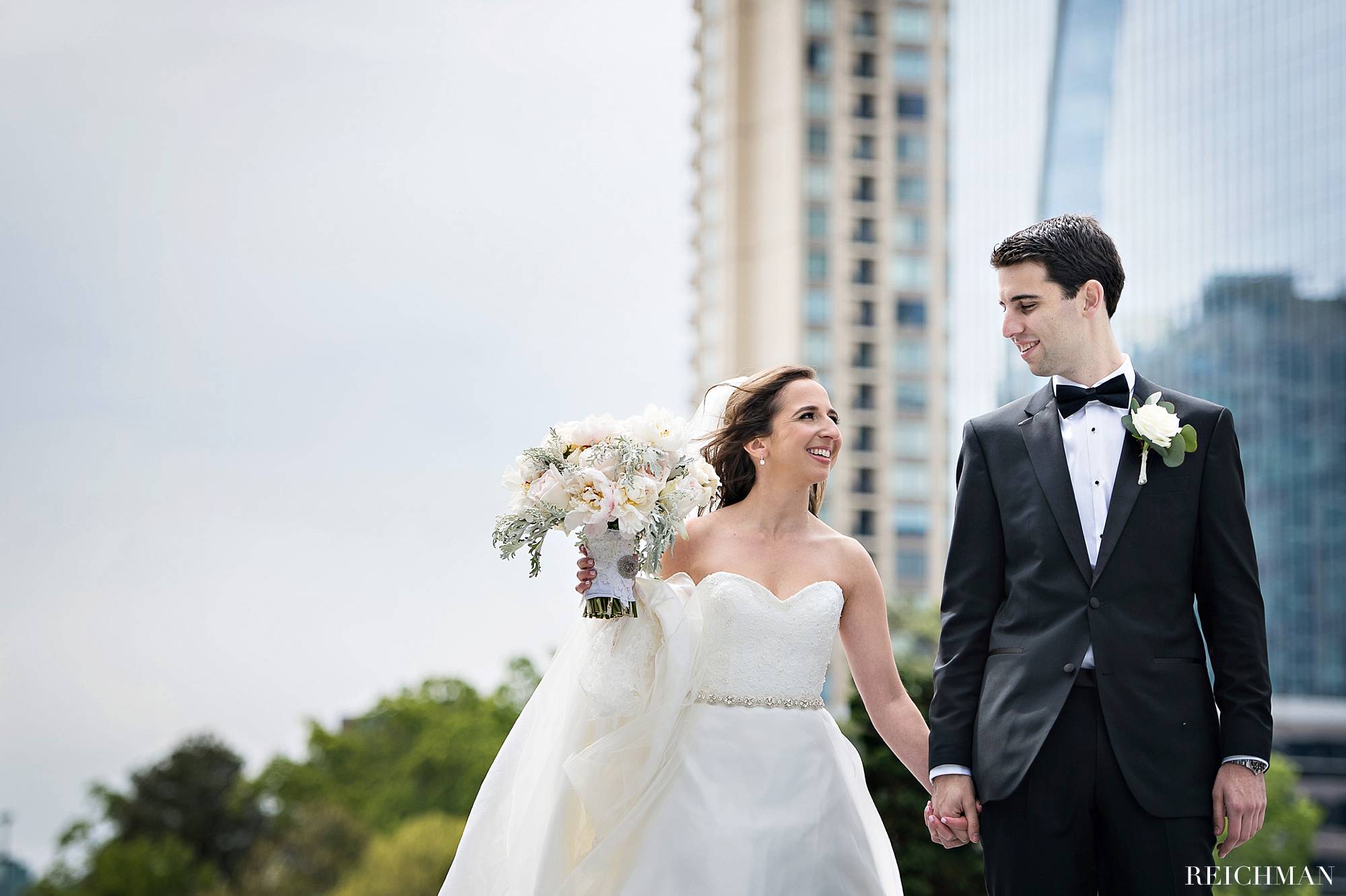 Bride and groom with Buckhead skyline